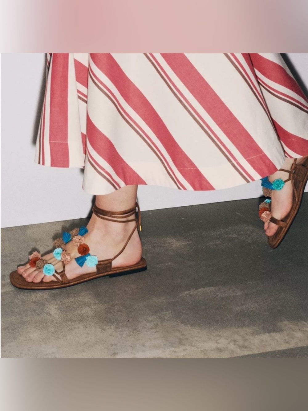 Zara Brown Pom-Pom Ankle Tie Sandals 39